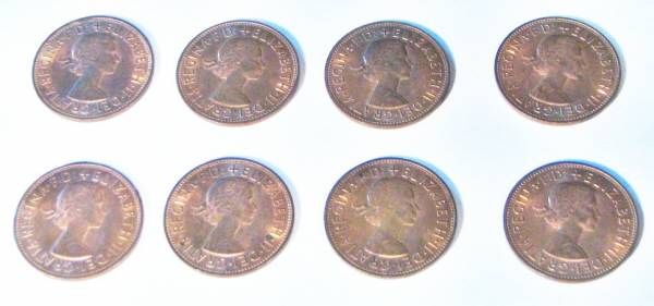 LOT of 8 Queen Elizabeth II One Penny coins 1967 UK ~ Great Britain 