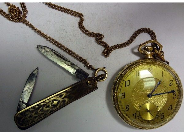   OPEN FACE POCKET WATCH WITH KNIFE AND CHAIN 12 SIZE 15 JEWEL  