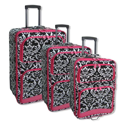 PINK DAMASK 3 PIECE LUGGAGE SUITCASE SET ROLLING WHEELS  