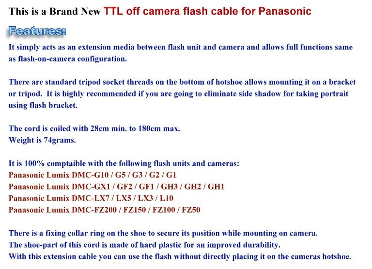 TTL Flash Cable for Panasonic Lumix DMC GF1 GH2 G10 G2  