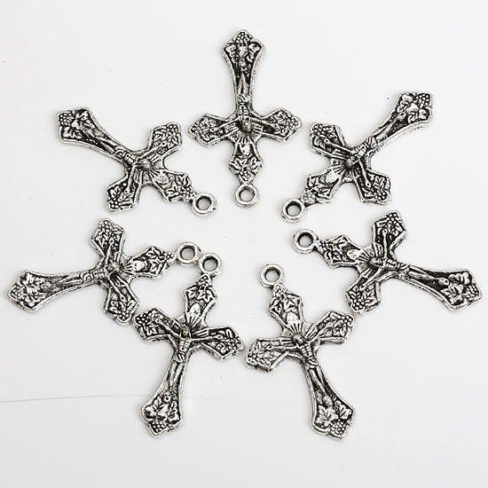 30Pc Tibetan Silver Carved Cross Style Charms Pendants  