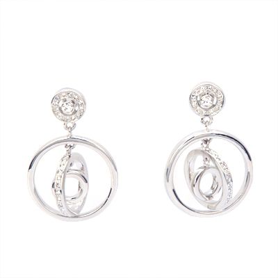 Rhodium Plated Triple Hoop Drop Earrings Pave w/ CZ  