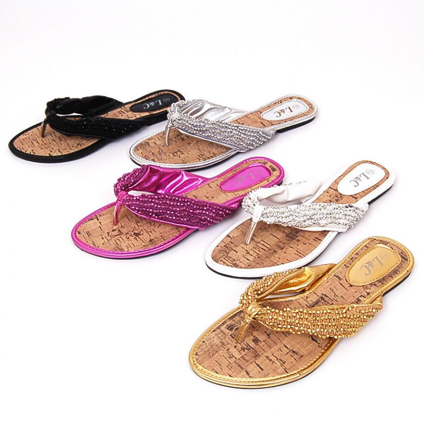 New Women Sandals Dressy Thongs Flip Flops Sequins Cork  