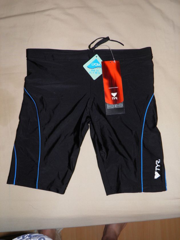 TYR Men Swimwear Twin Piping Jammer BLACK w/ blue ~ 32  