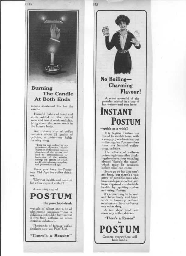 Lot of 1915 Instant Postum Drink Mix Ads  