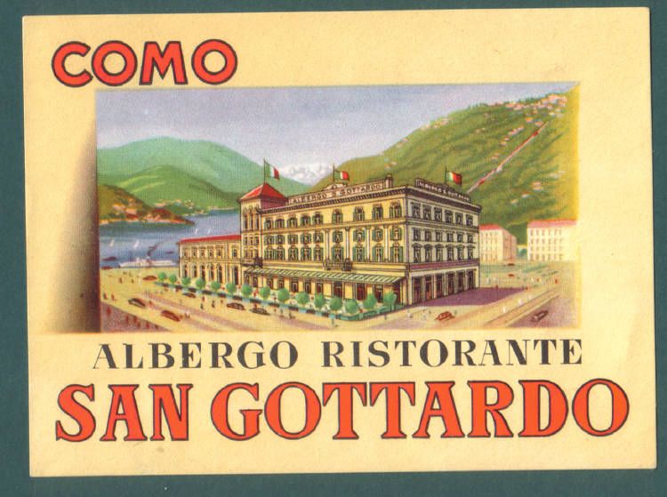 COMO ITALY HOTEL ALBERGO SAN GOTTARDO OLD LUGGAGE LABEL  