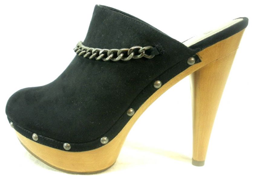 New ELLE ILONA Black Platform Wood Clog Chain Shoes 8.5  